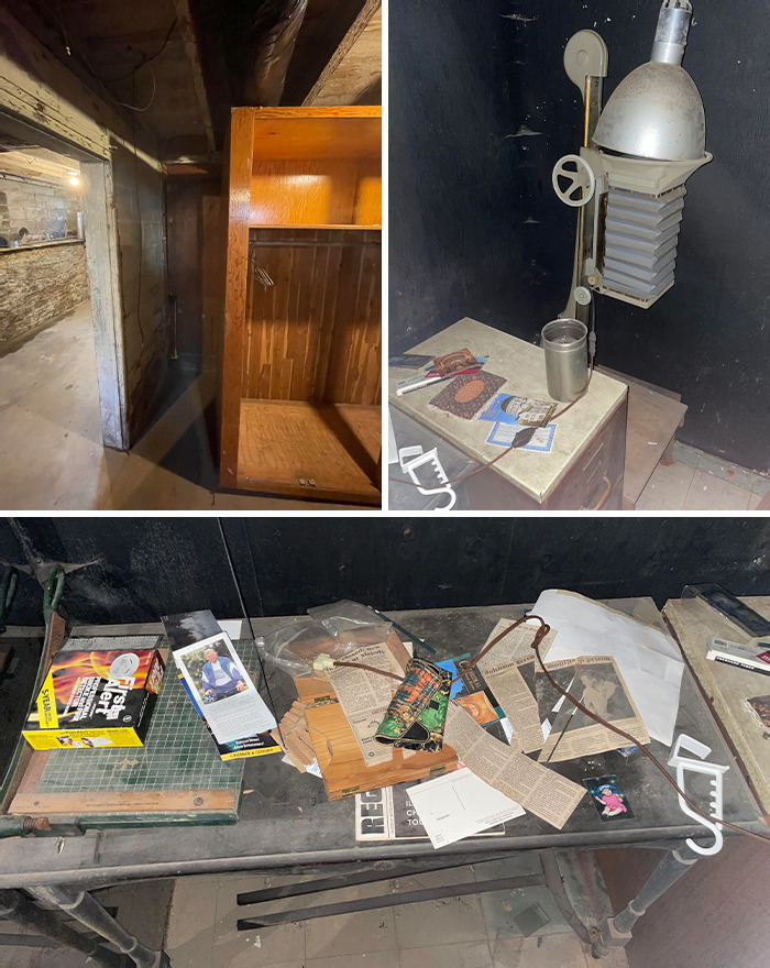 Sótano oscuro y viejo con muebles antiguos y objetos abandonados en casa nueva con sorpresa que asusta a personas tras mudanza.