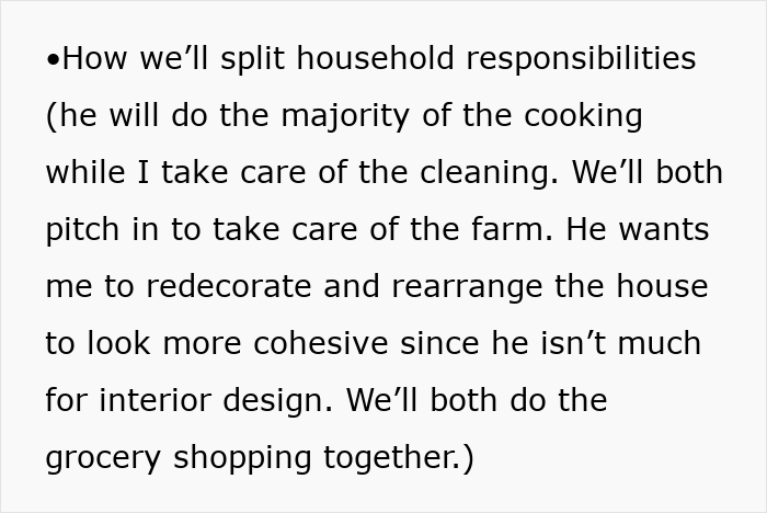 Text image listing household responsibilities, highlighting cooking, cleaning, farm work, and interior design roles.