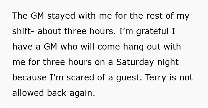 Text describing a woman's relief as her GM supports her after a client's inappropriate behavior.