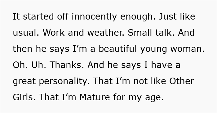 Text describing a woman's encounter with a client who compliments her looks and personality.