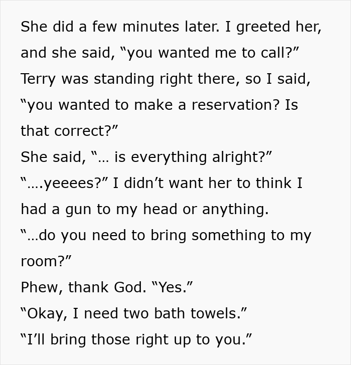 Text conversation showing a woman's clever escape from a delusional client situation involving booking a reservation.