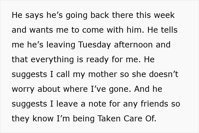 Text message about client planning a trip and suggesting communication with family and friends for safety.