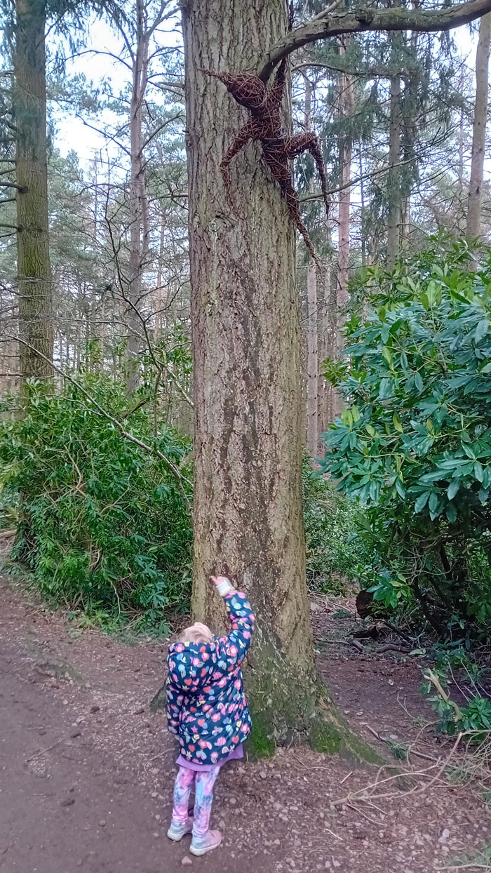Child in a colorful jacket looks up at a creepy twig sculpture clinging to a large tree in a forest setting.