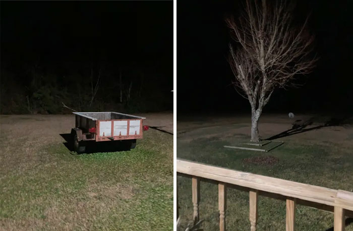 Nighttime images showing a creepy empty trailer and a spooky ghost-like figure near a tree in a dark yard.