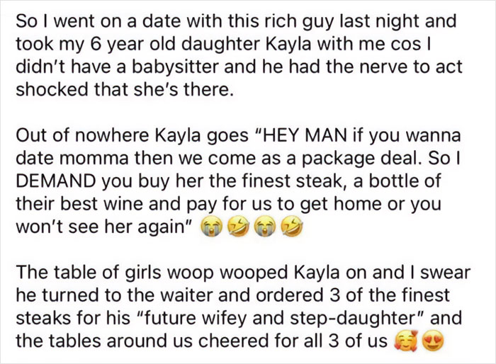 Text post sharing an outrageous lie about a date where a child demands steak and wine, highlighting unbelievable stories.