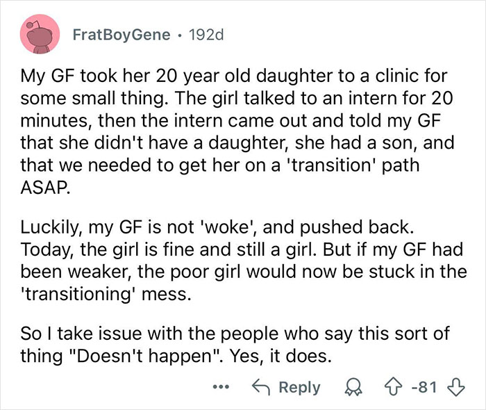 Social media post sharing an outrageous lie about a clinic intern pushing a transition story that is disputed.