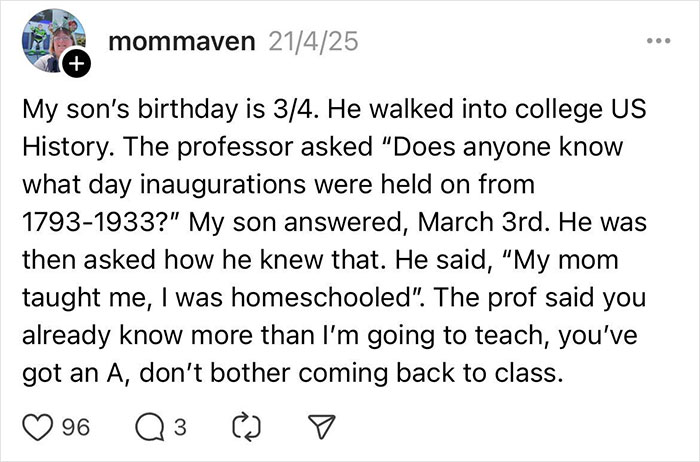 Text post showing an outrageous lie about a student’s college history class and homeschooling claim that everyone actually clapped.