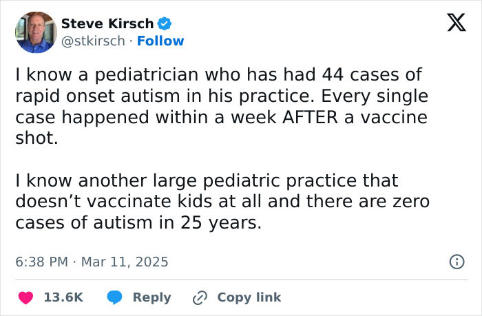 Screenshot of a social media post sharing an outrageous lie about vaccines and autism, highlighting false claims.