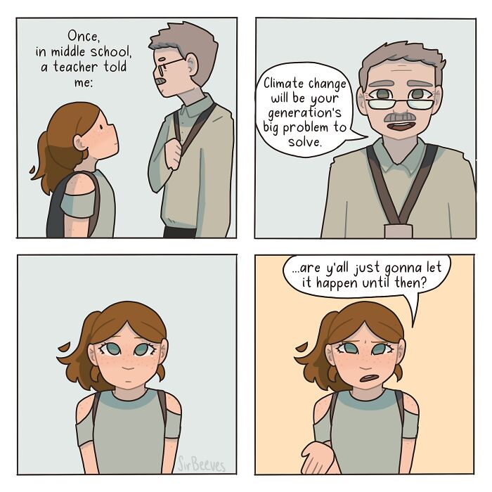 Comic panels showing a middle school teacher warning about climate change, highlighting themes in Sir Beeves honest comics.