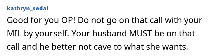 Text advice on a MIL call, husband urged to join. Text advice on a MIL call, husband urged to join.