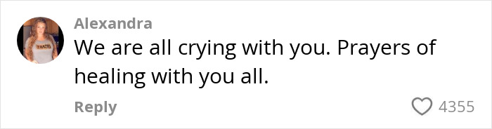 Supportive comment on influencer's loss, offering prayers and healing.