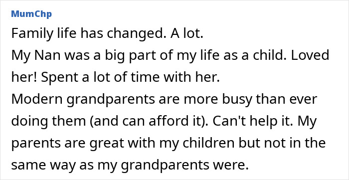 Text about modern grandparenting double standards, reflecting on changes in family dynamics and grandparent involvement.