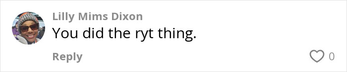 Comment by user Lilly Mims Dixon reading, "You did the ryt thing," related to a passenger and kid incident on flight.