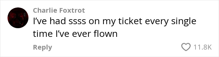 Comment discusses having 'SSSS' on plane tickets consistently, highlighting travel issues. Comment discusses having 'SSSS' on plane tickets consistently, highlighting travel issues.