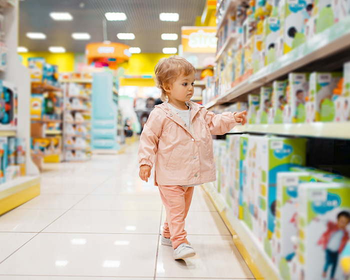 Toddler in a pink outfit exploring toy store shelves, illustrating a dad's unexpected response.