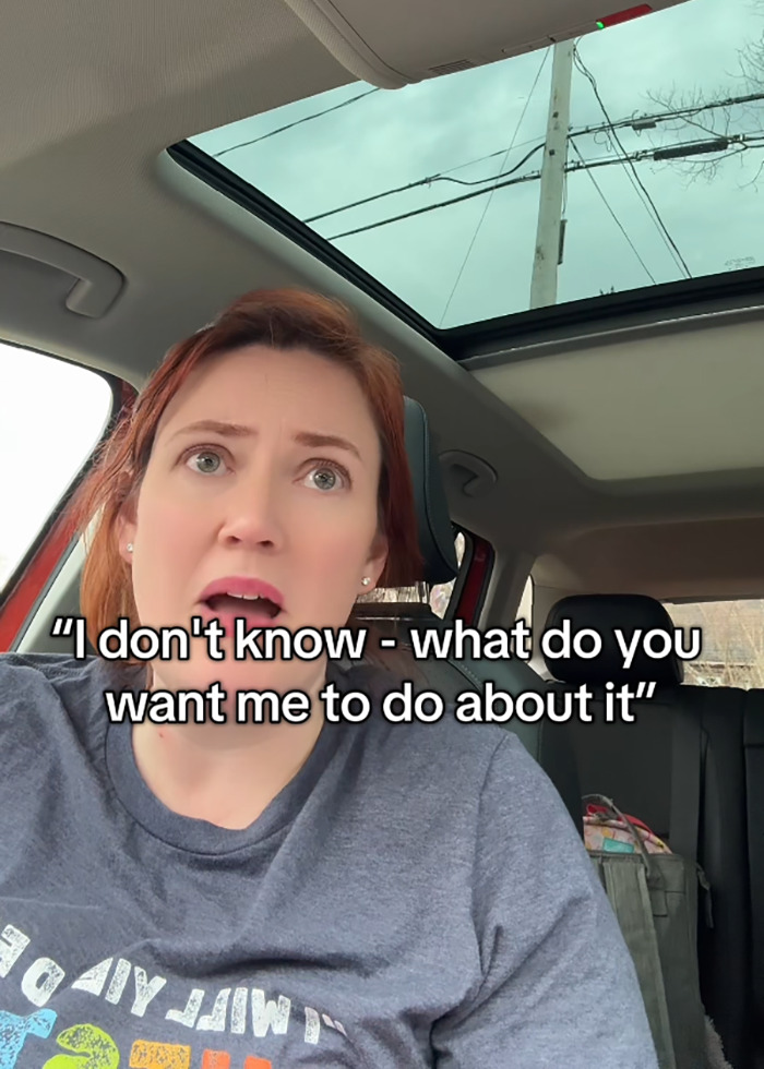 Woman in car looking surprised, reacting to dad loses baby at store, text overlay shows puzzled response.