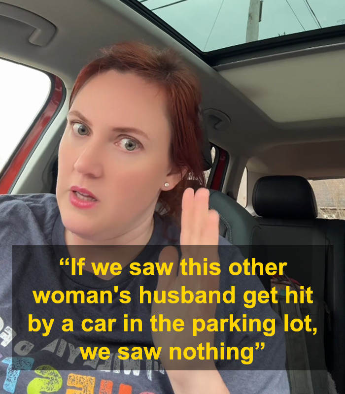 Woman in car discussing dad losing baby at store, expressing shock with wide eyes and raised hand gesture.