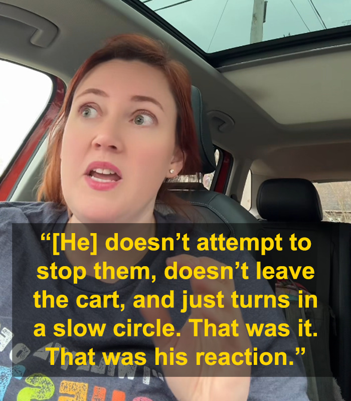Woman in car discussing a dad who lost a baby at store, highlighting his unexpected reaction.