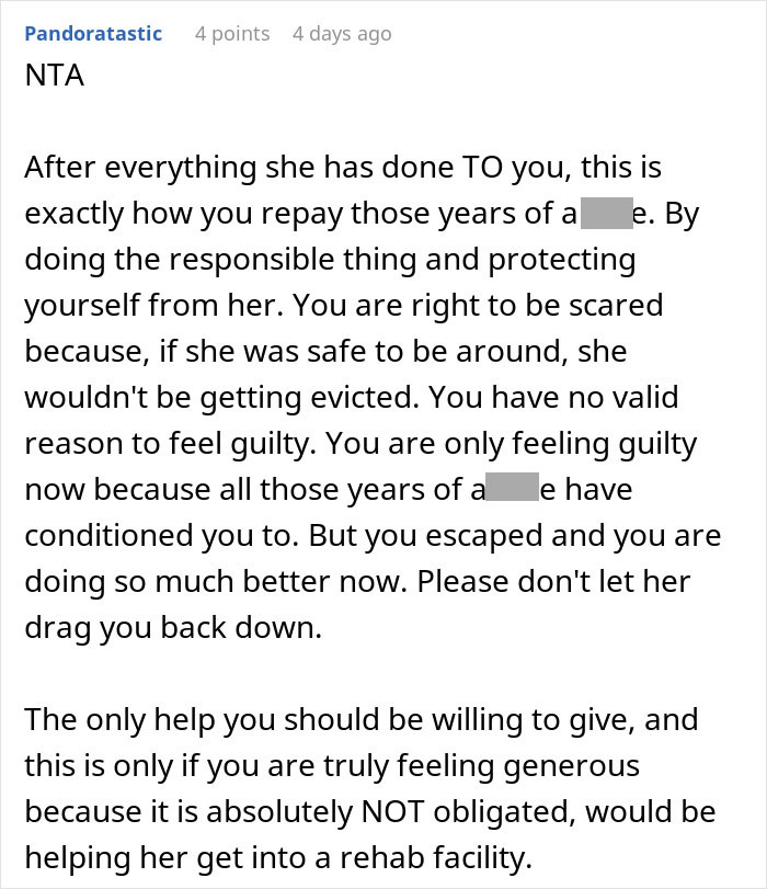 Reddit comment advising daughter not to feel guilty about not helping her mom after years of emotional abuse. Reddit comment advising daughter not to feel guilty about not helping her mom after years of emotional abuse.