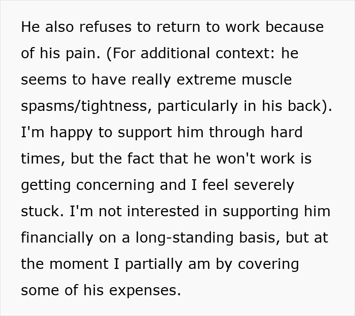 Text about a man's pain preventing work and activities, but doing other tasks. Partner concerned about financial support.