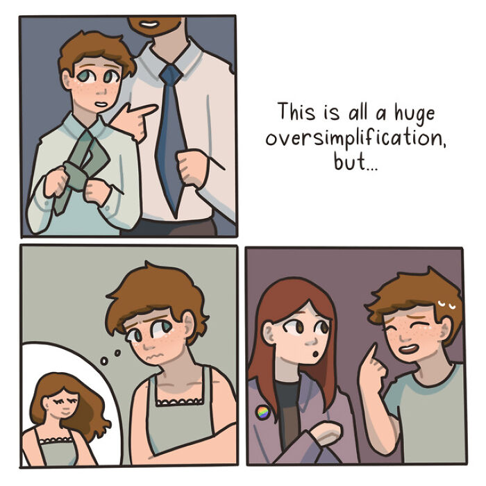 Comic panels featuring honest comics by Sir Beeves showing a young person reflecting on growing up and identity feelings.