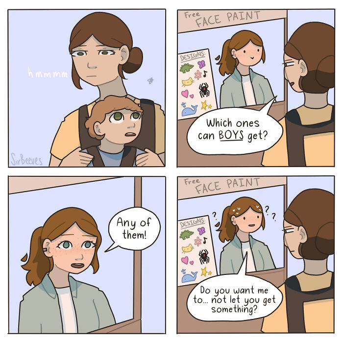 Comic panels by Sir Beeves showing a child questioning gender norms while choosing face paint designs.