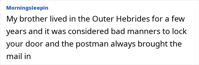 Text about Outer Hebrides customs and anecdote involving postman delivery practices. Text about Outer Hebrides customs and anecdote involving postman delivery practices.