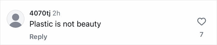Comment saying "Plastic is not beauty" in reaction to "World's Most Beautiful" title by a magazine. Comment saying "Plastic is not beauty" in reaction to "World's Most Beautiful" title by a magazine.