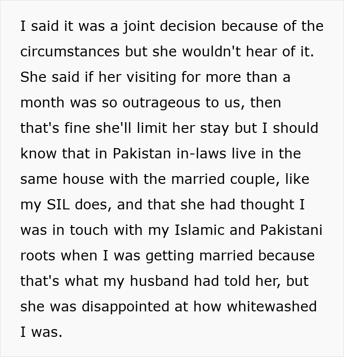 Text discusses mother-in-law expecting extended stay, cultural expectations, and family dynamics. Text discusses mother-in-law expecting extended stay, cultural expectations, and family dynamics.