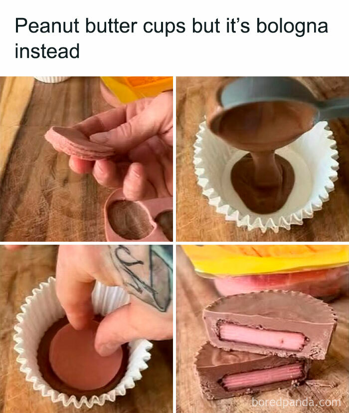 Unusual dish: bologna slices shaped as peanut butter cups, filled with chocolate in muffin wrappers. Worst potluck dish example.