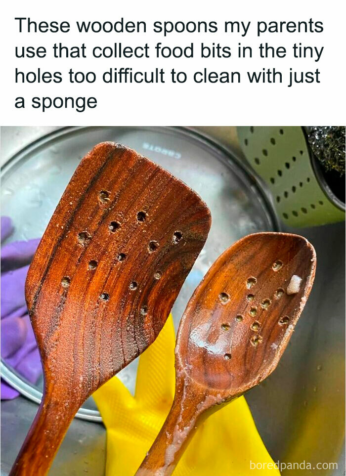 Wooden spoons with holes filled with food bits, highlighting cleaning difficulties for potluck dishes.