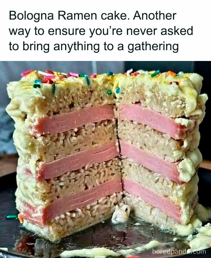 Unusual potluck dish: a cake made from layers of bologna and ramen noodles, topped with sprinkles.