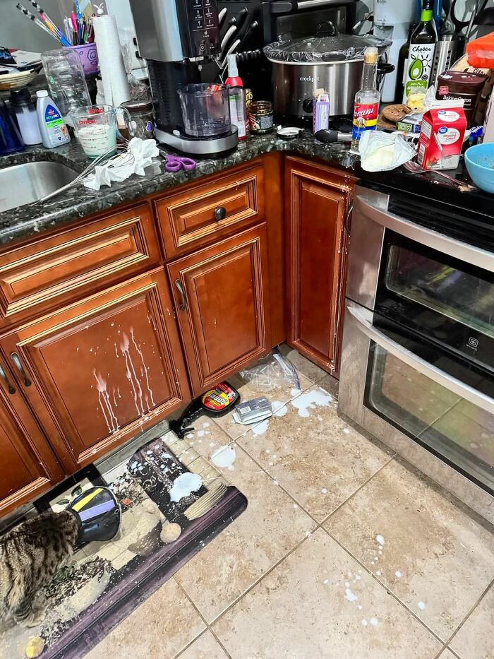 Messy kitchen floor with spilled liquids and cluttered countertops, illustrating worst potluck dishes preparation chaos.