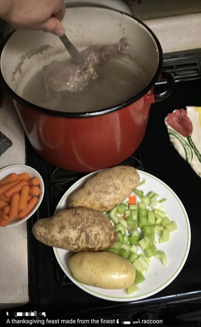 Worst potluck dish with a pot of meat and a plate of raw vegetables, potatoes, and carrots.