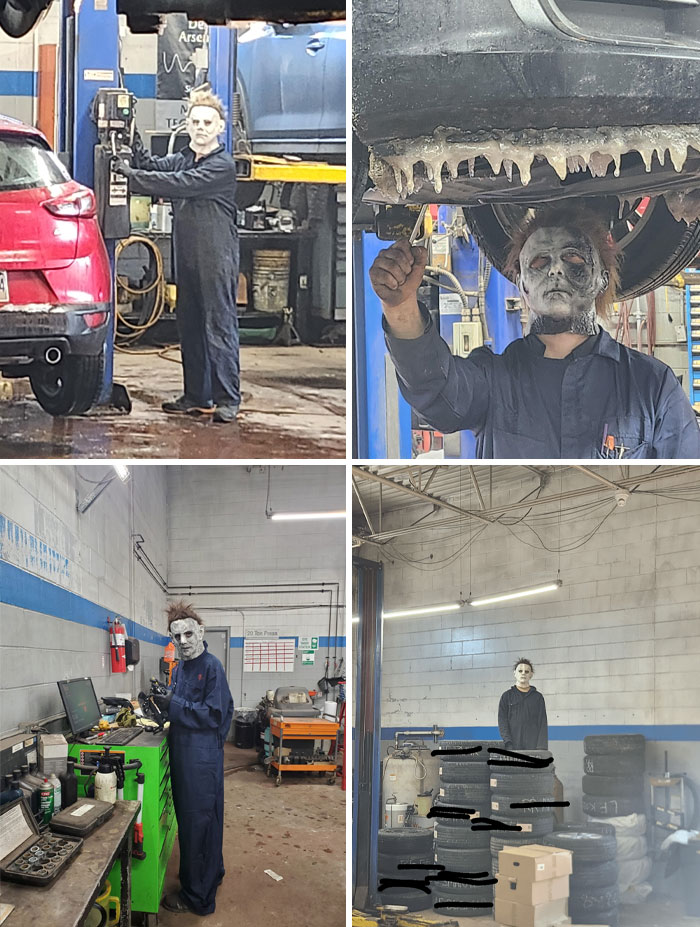 Humorous coworker in a Michael Myers mask working in an auto repair shop setting, entertaining colleagues with funny antics.