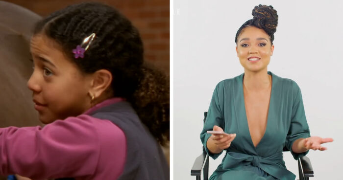 Young screen star and adult comeback, smiling in a green outfit, shows successful transition in entertainment industry.