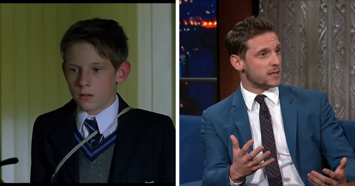 Child actor then and now; successful comeback in adulthood, wearing a suit on a talk show.