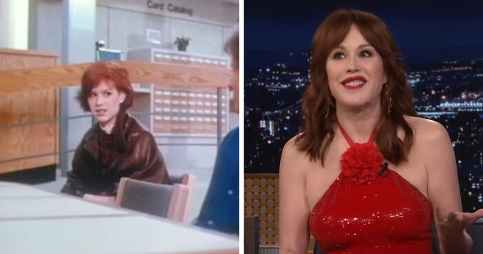 Child star makes comeback; two images show her as a young actress and as an adult in a red dress during an interview.