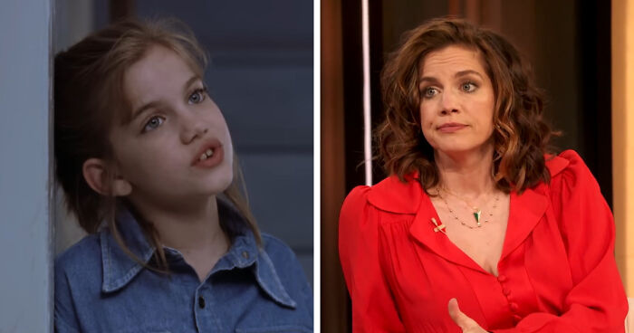 Child star to successful comeback as adult, wearing red dress and thoughtful expression.