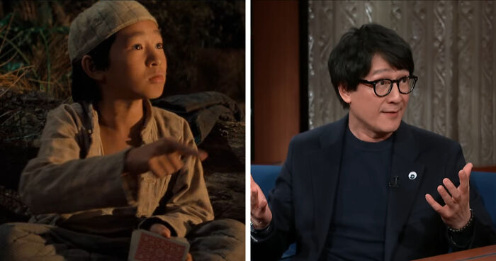 Child star comeback: young boy in a cap and adult man with glasses gesturing on a talk show.