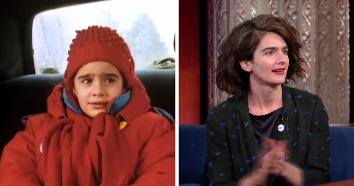 Child star in red coat, then as an adult on a talk show, illustrating successful comeback.