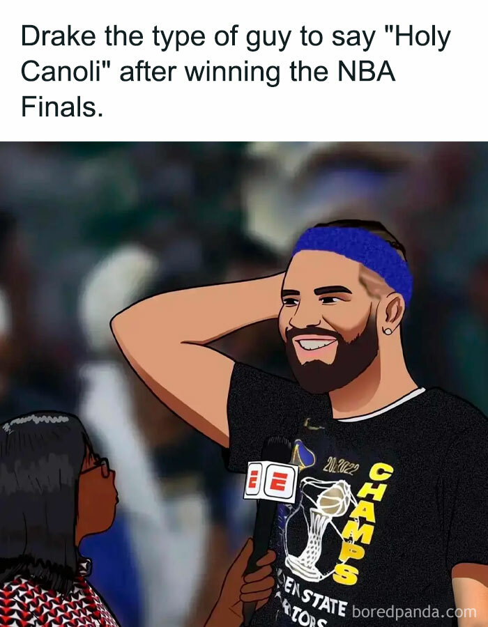 Illustration of Drake wearing a "Champs" shirt, humorously reacting post-NBA Finals, embodying "Drake the type of guy" meme.