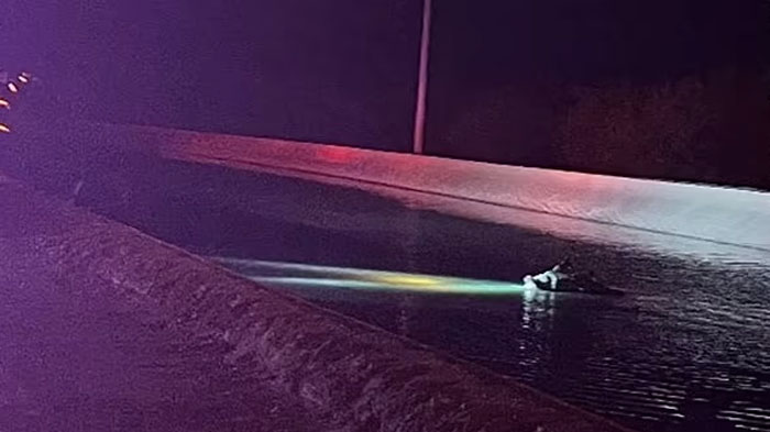 Nighttime canal scene with emergency lights reflecting on water after drunk driving incident.
