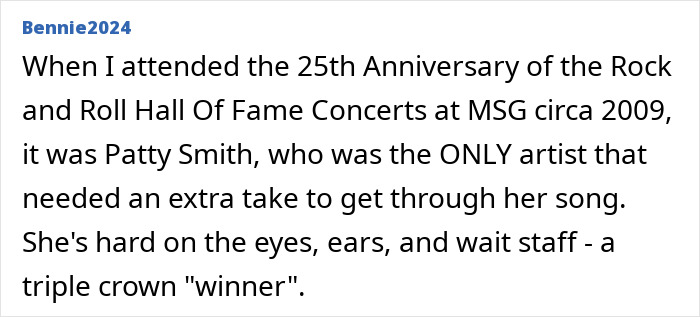 Text alleging punk rock legend serving attitude over tips at NYC restaurants.