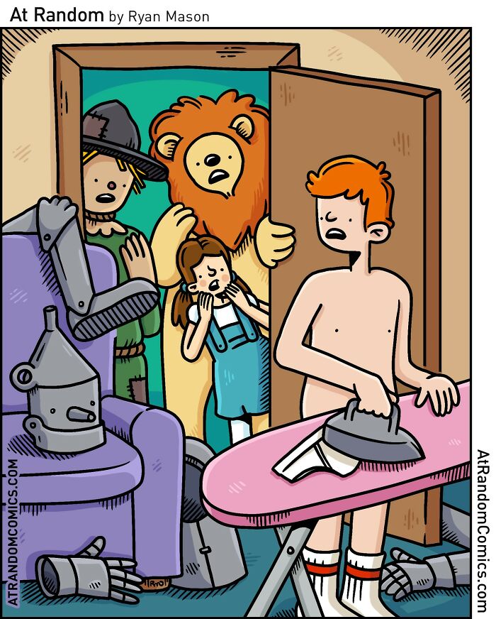 Comical scene by Ryan Mason featuring characters surprised by a man ironing.