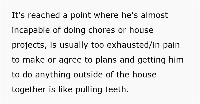 Text image discussing a man's pain preventing him from chores or outings with girlfriend.