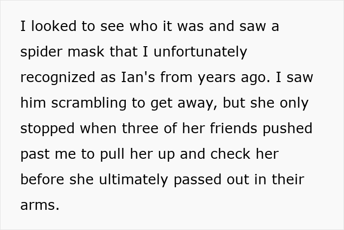 Text discussing prank aftermath with a spider mask, girl supported by friends.