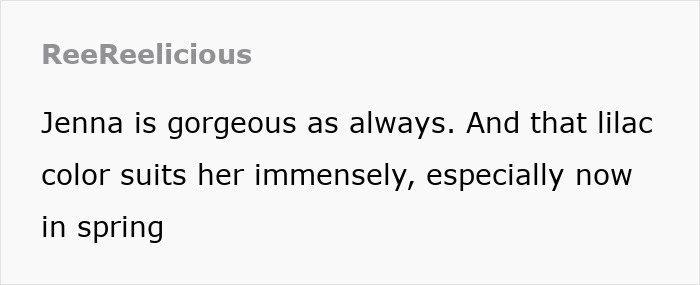 Comment on Jenna's new look, praising her lilac color choice.