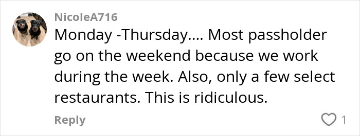 Comment by NicoleA716 expressing frustration about Disney passholder restrictions.