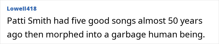 Punk rock legend Patti Smith criticized, text suggesting negative transformation over years.